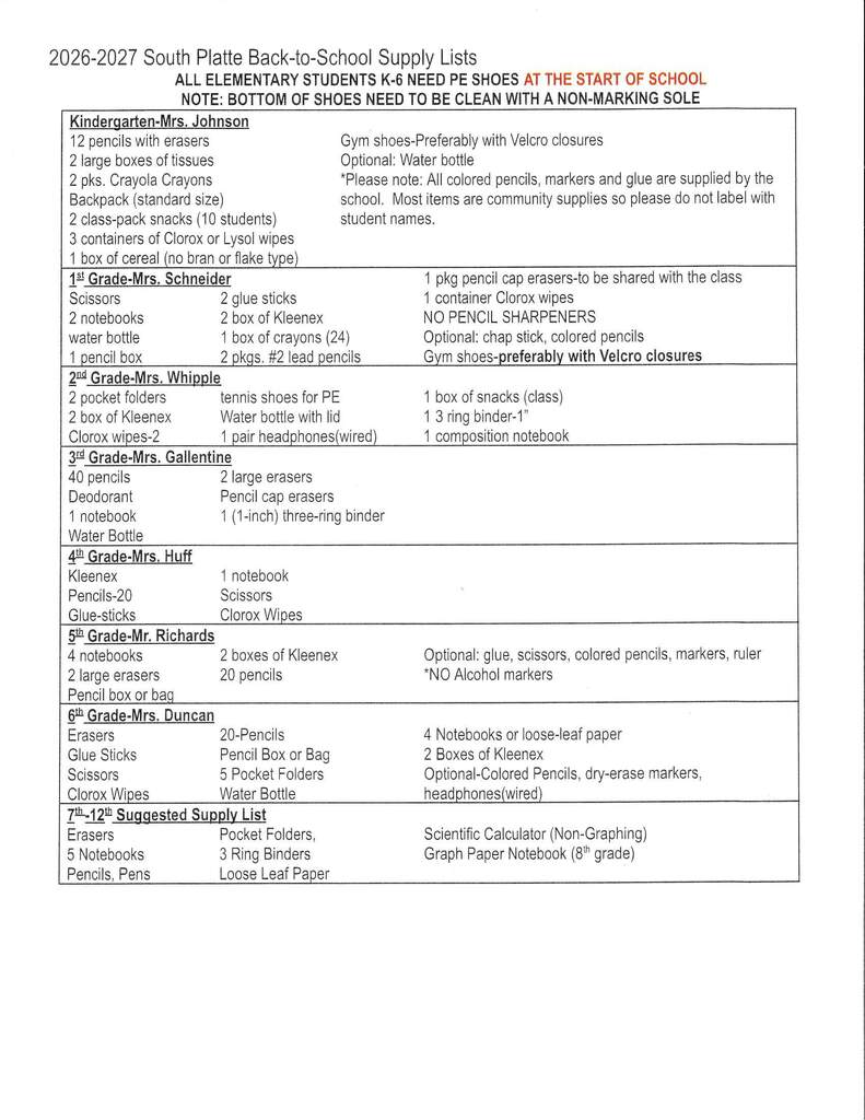 2026-27 School Supply List