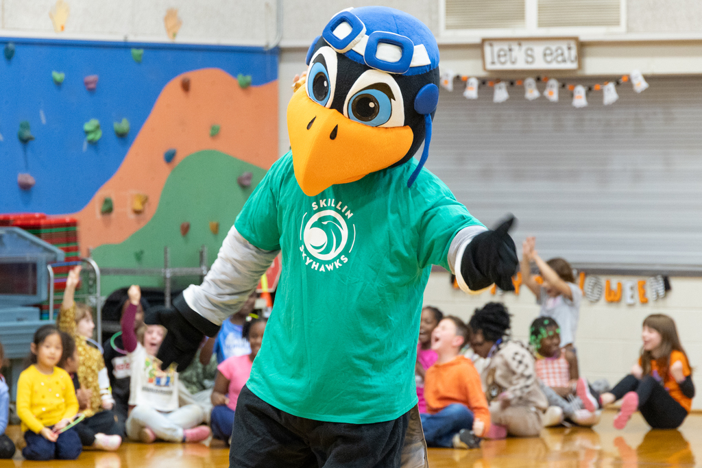 Skillin Skyhawk Mascot at the PBIS Glow Dance Party