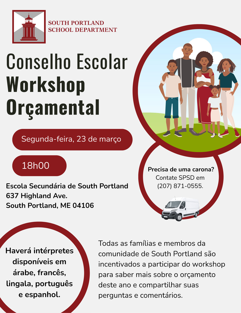 March 23, 2026 Budget Workshop Flyer (Portuguese)