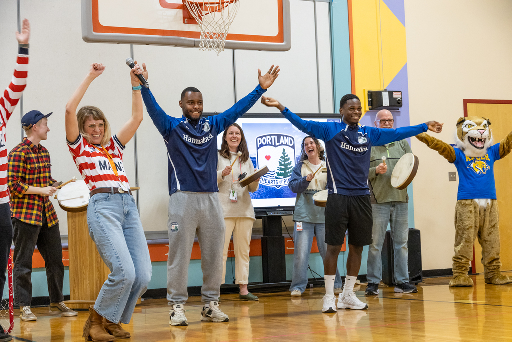 Hearts of Pine Soccer at Kaler teaching students their cheer