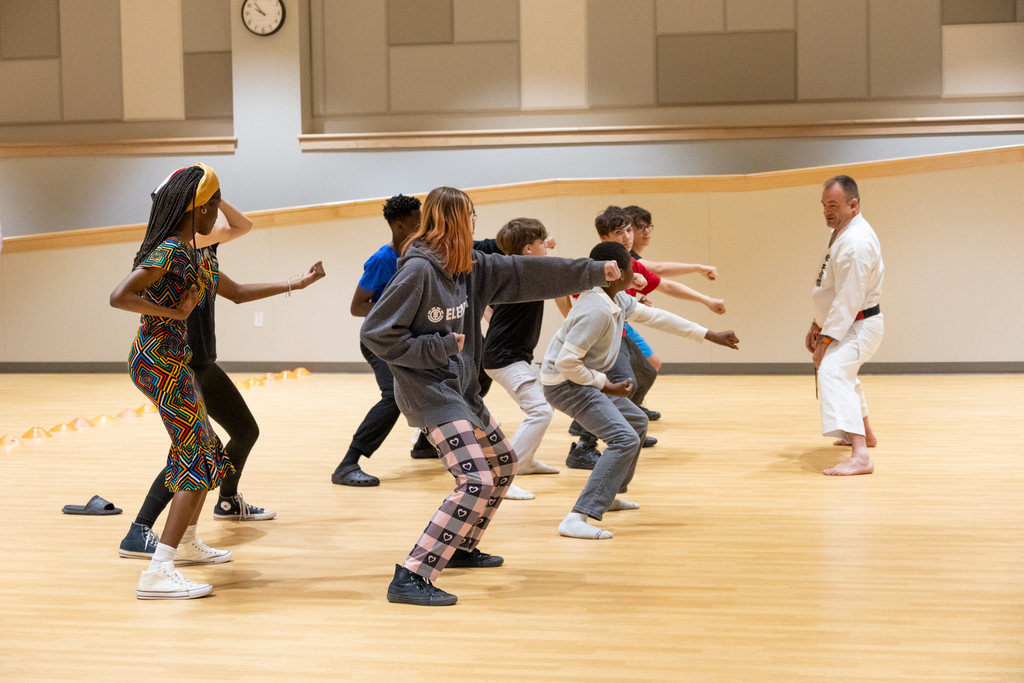Students learning karate during World Cultures Day.
