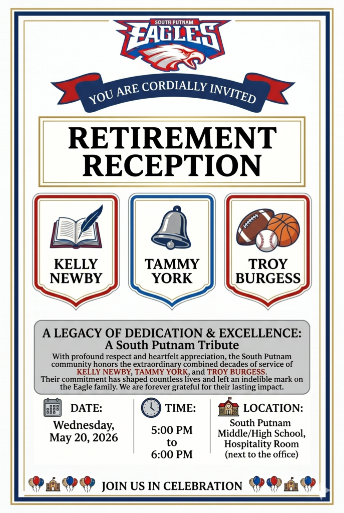 Retirement reception May 20th 5pm South Putnam High School