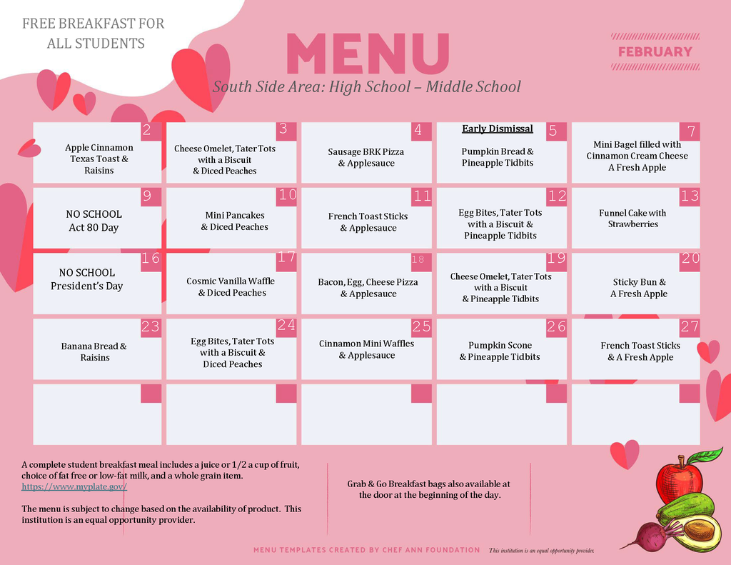 February 2026 South Side Area Middle and High School breakfast menu