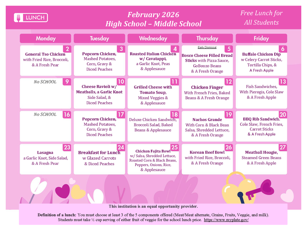 February 2026 South Side Area Middle and High School breakfast menu