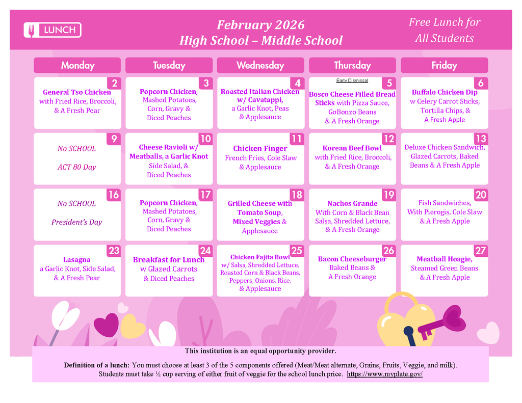 This is the South Side Area February 2026 Middle and High School lunch menu.