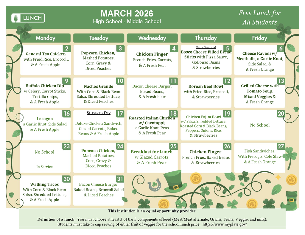 March 2026 Middle/High School Lunch menu