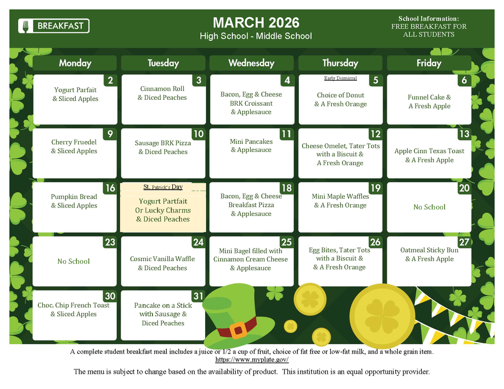 March 2026 Middle/High School Breakfast menu