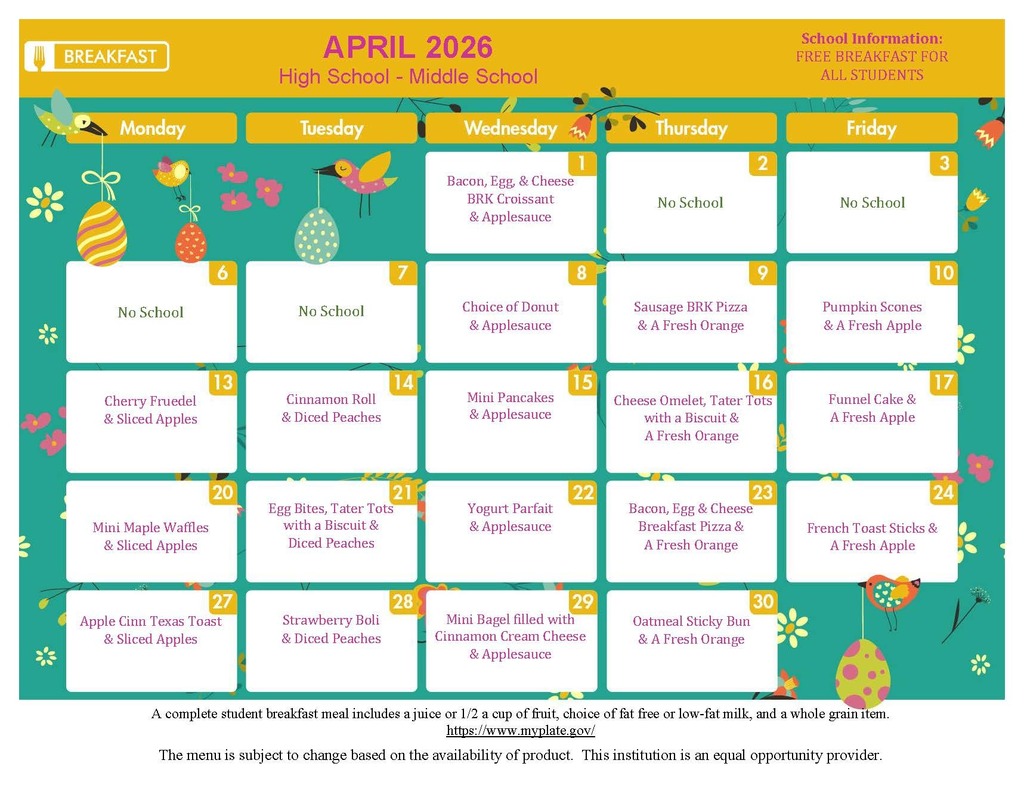 April 2026 High School Breakfast menu