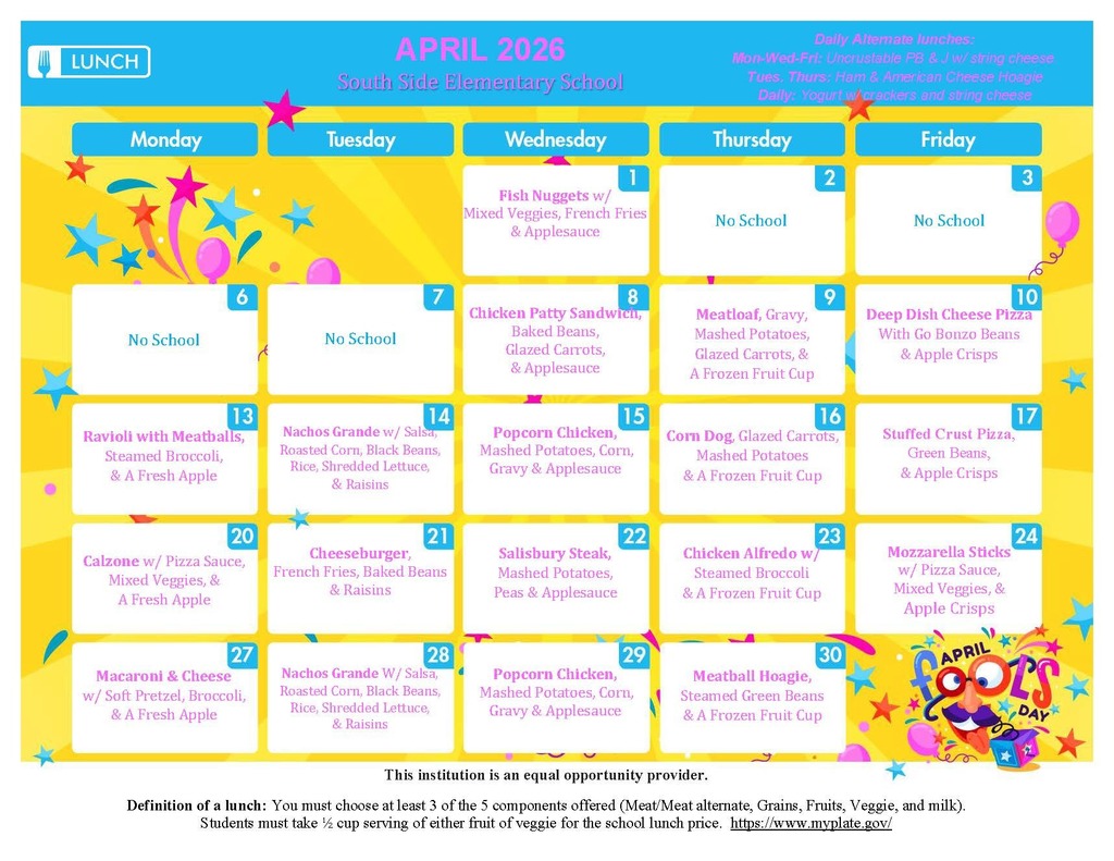 April 2026 Elementary School Lunch menu
