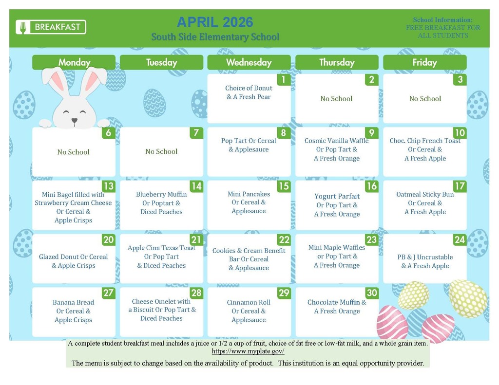 April 2026 Elementary School Breakfast menu