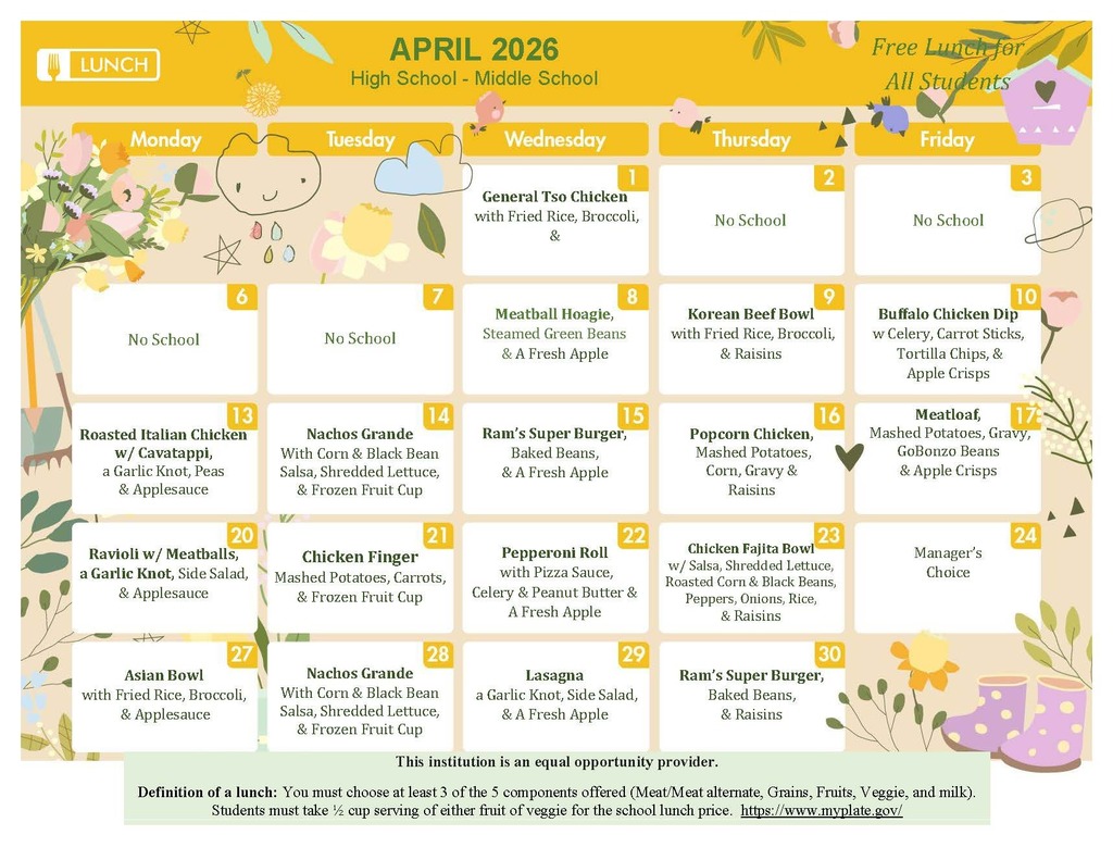 April 2026 High School Lunch menu