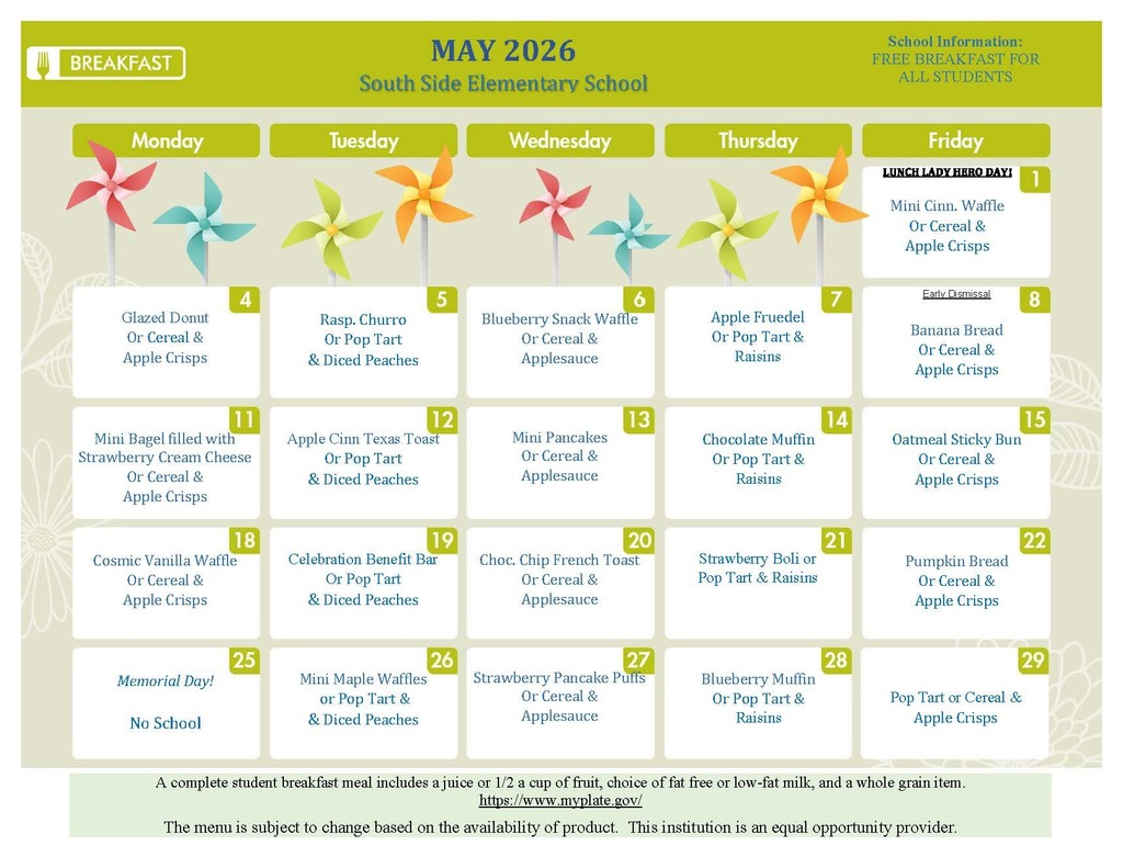 May 2026 Elementary breakfast menu