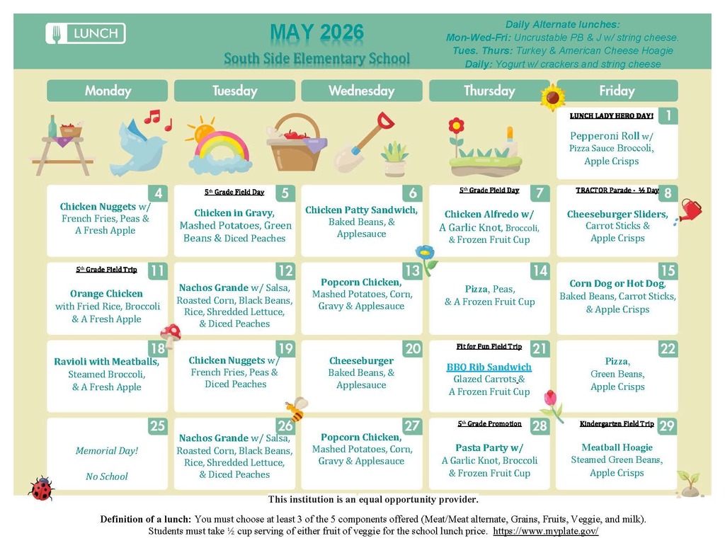 May 2026 Elementary lunch menu
