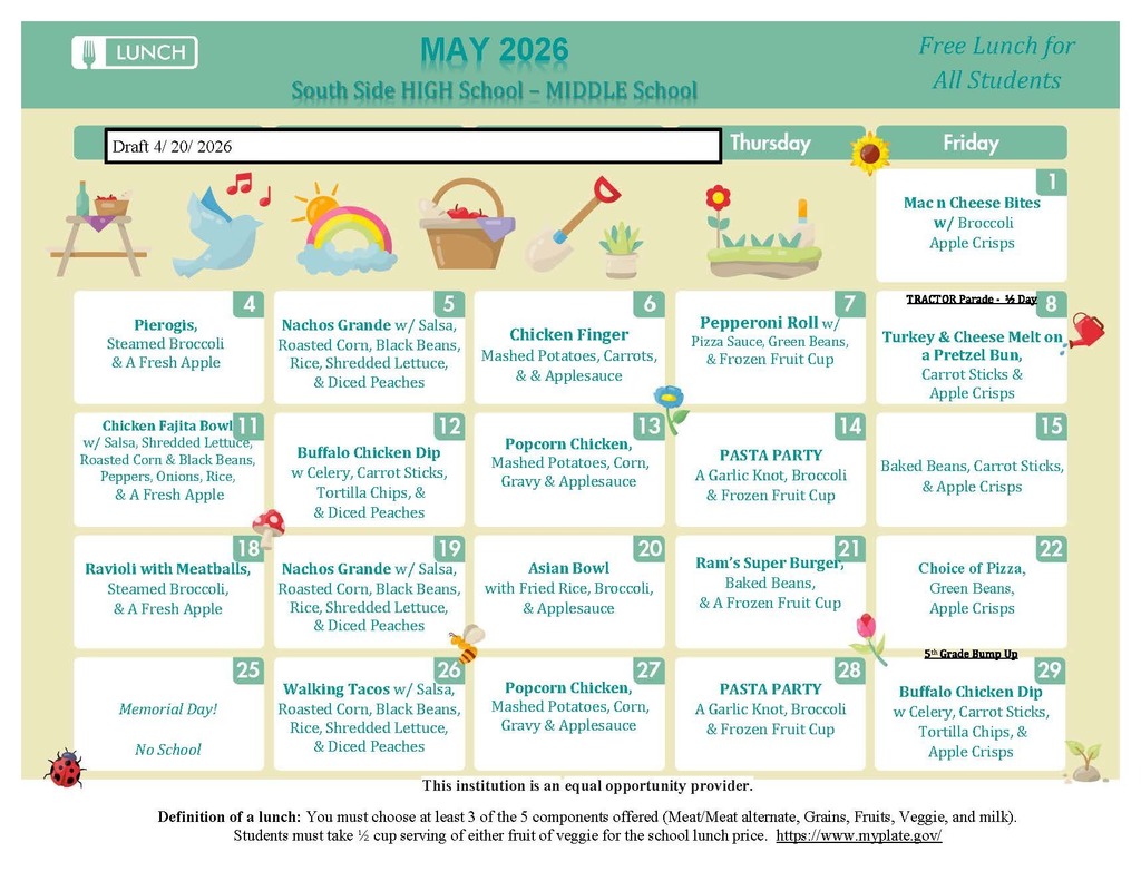 May 2026 MSHS lunch menu