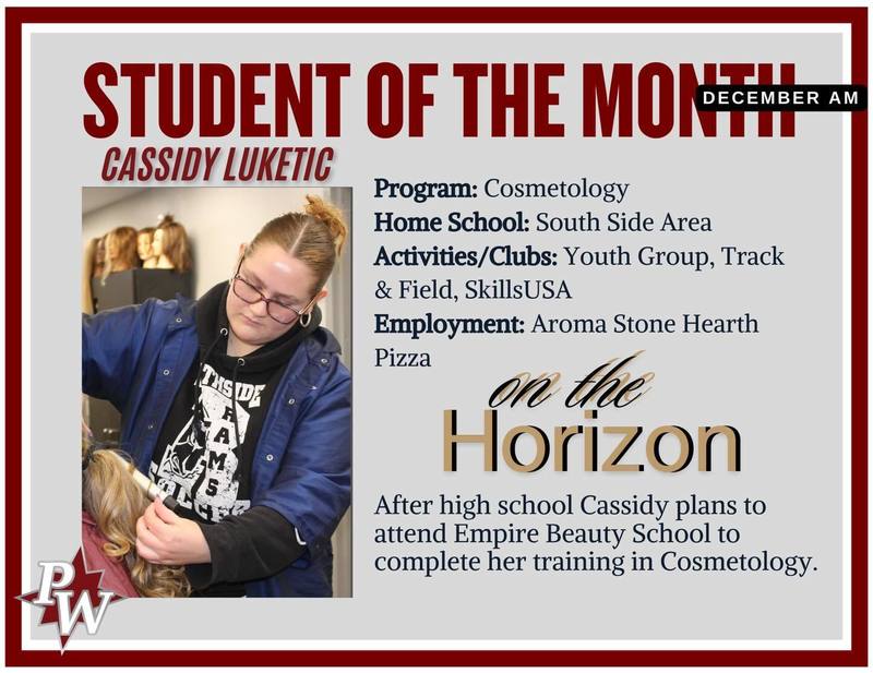 Cassidy Luketic December 2025 Parkway West CTC Student of the Month