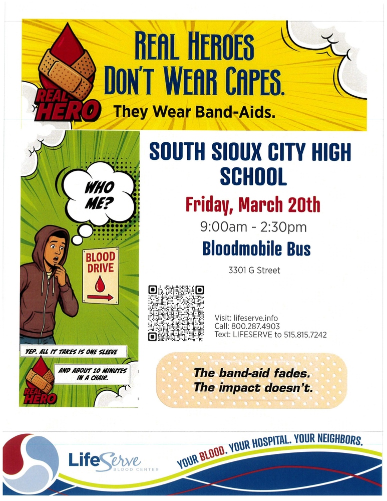 blood drive flyer 3/20/26 9-2:30pm at the SSC HS