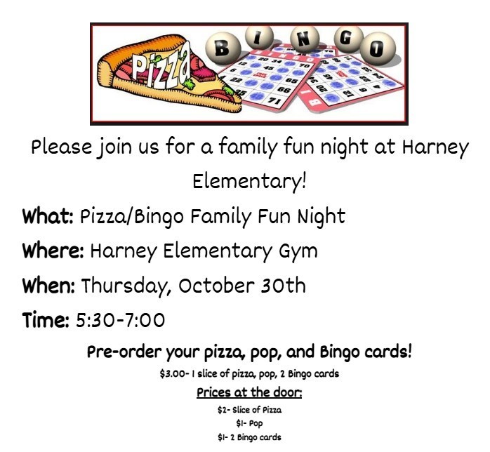 picture with pizza and bingo cards.  a flier with the pizza/bingo family night dates Oct. 30 from 5:30 - 7:00 pm