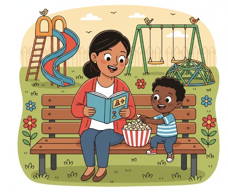 parent reading book to child on school playground. child eating popcorn