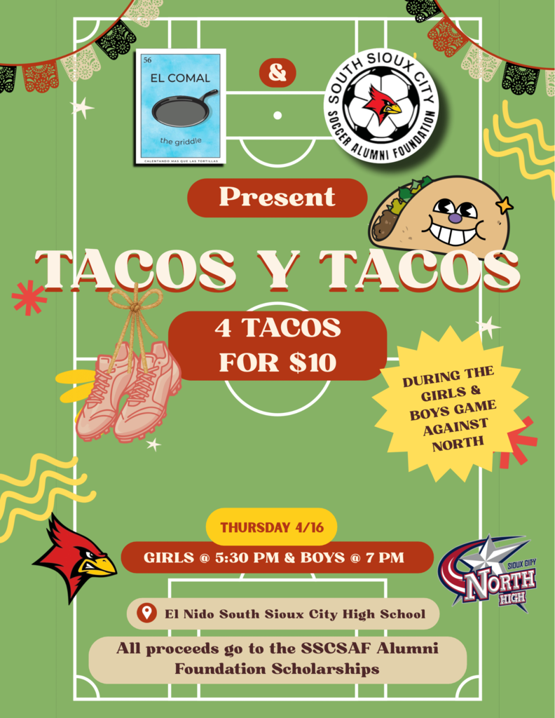 flyer for the tacos and soccer event this thursday april 16th 