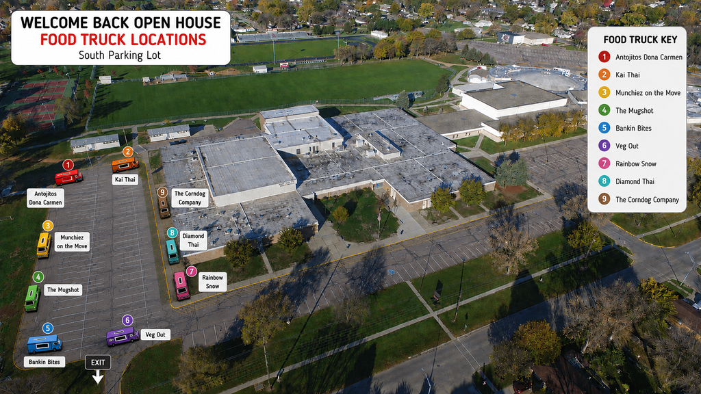 a map of the food truck placement for the open house event at the middle school