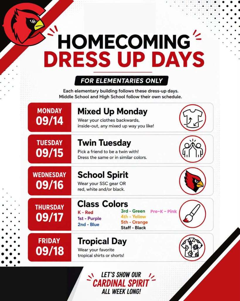 Poster announcing the school's Homecoming dress-up days, with themed clothing guidelines listed for each day of the week.