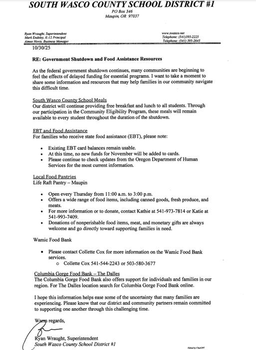 Letter from Superintendent Wraught 10.30.25