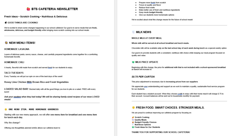 BTS Cafeteria Newletter