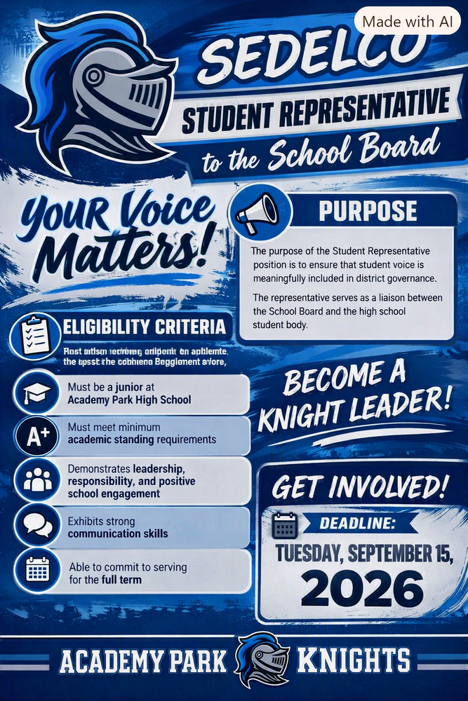 SeDelco Student School Board Representative (applications due Tues., 9/15/26)