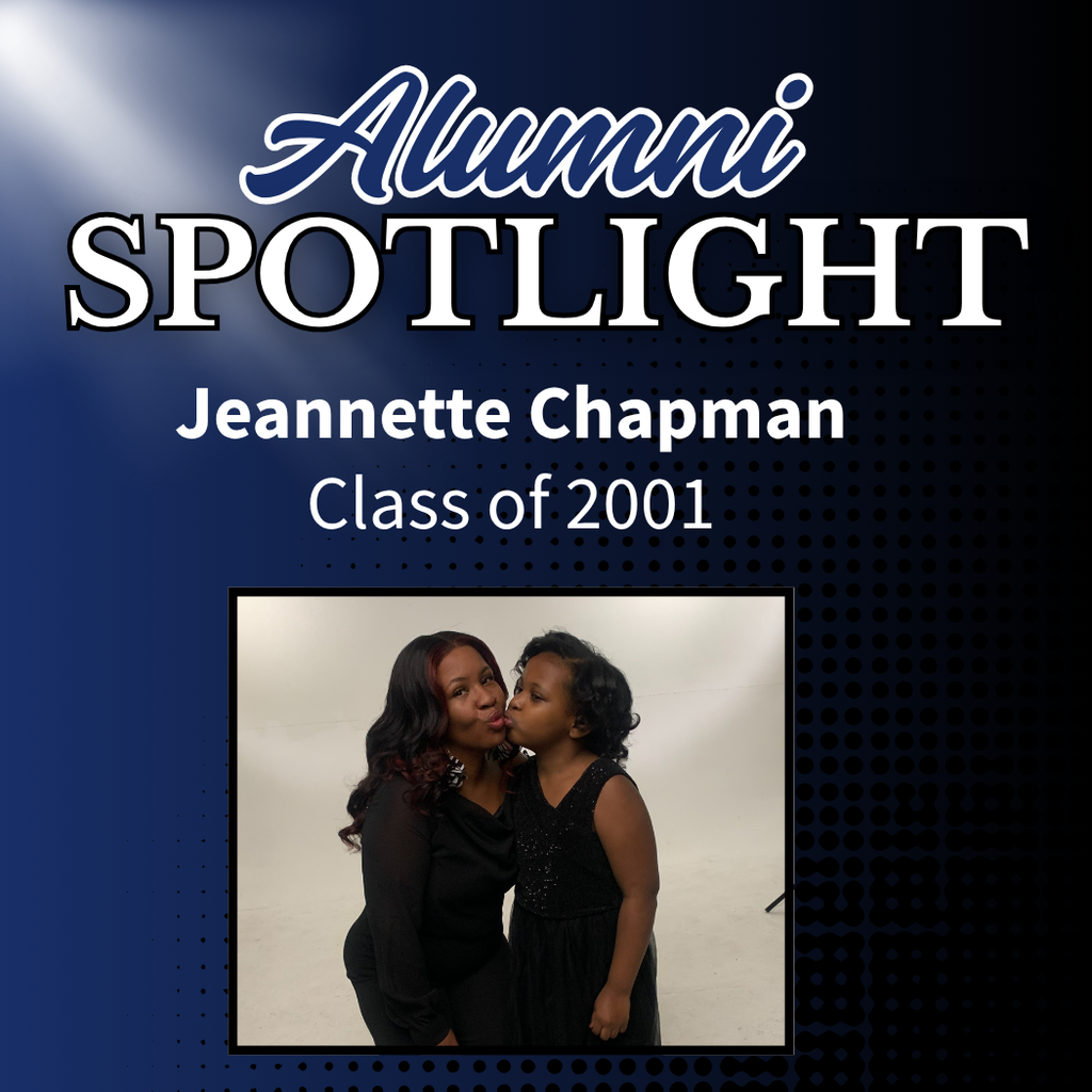 Graphic titled “Alumni Spotlight” featuring Jeannette Chapman, Class of 2001. Below the text is a photo of Jeannette and a young girl dressed in black. The background is a blue and black gradient with subtle dot accents.