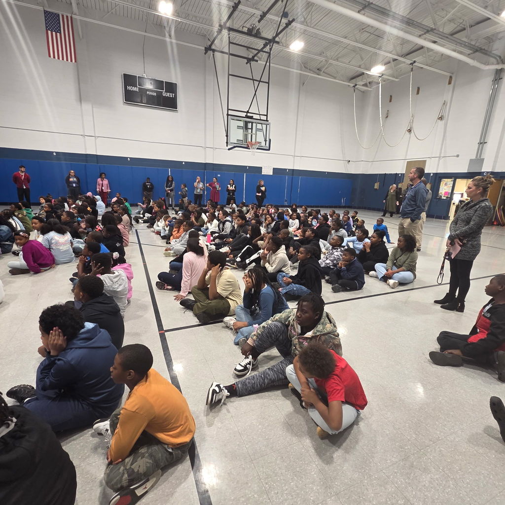 Wide view of a school gym filled with seated students watching a presentation at the front.