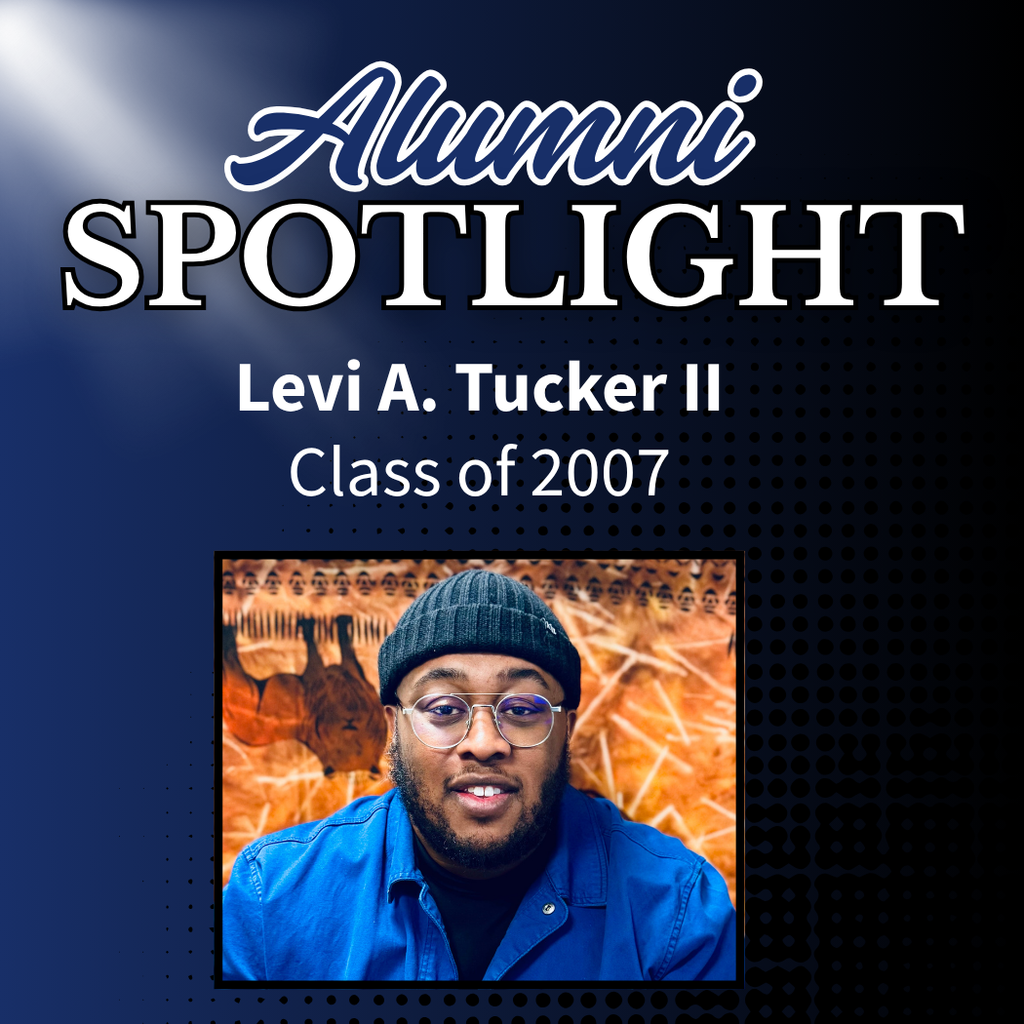 Graphic titled “Alumni Spotlight” featuring Levi A. Tucker II, Class of 2007. The design has a navy blue background with a gradient and dotted texture. At the bottom center is a photo of Levi A. Tucker II wearing glasses, a black beanie, and a blue shirt, smiling in front of a warm-toned background. The text above highlights his name and graduation year in white and light blue lettering.