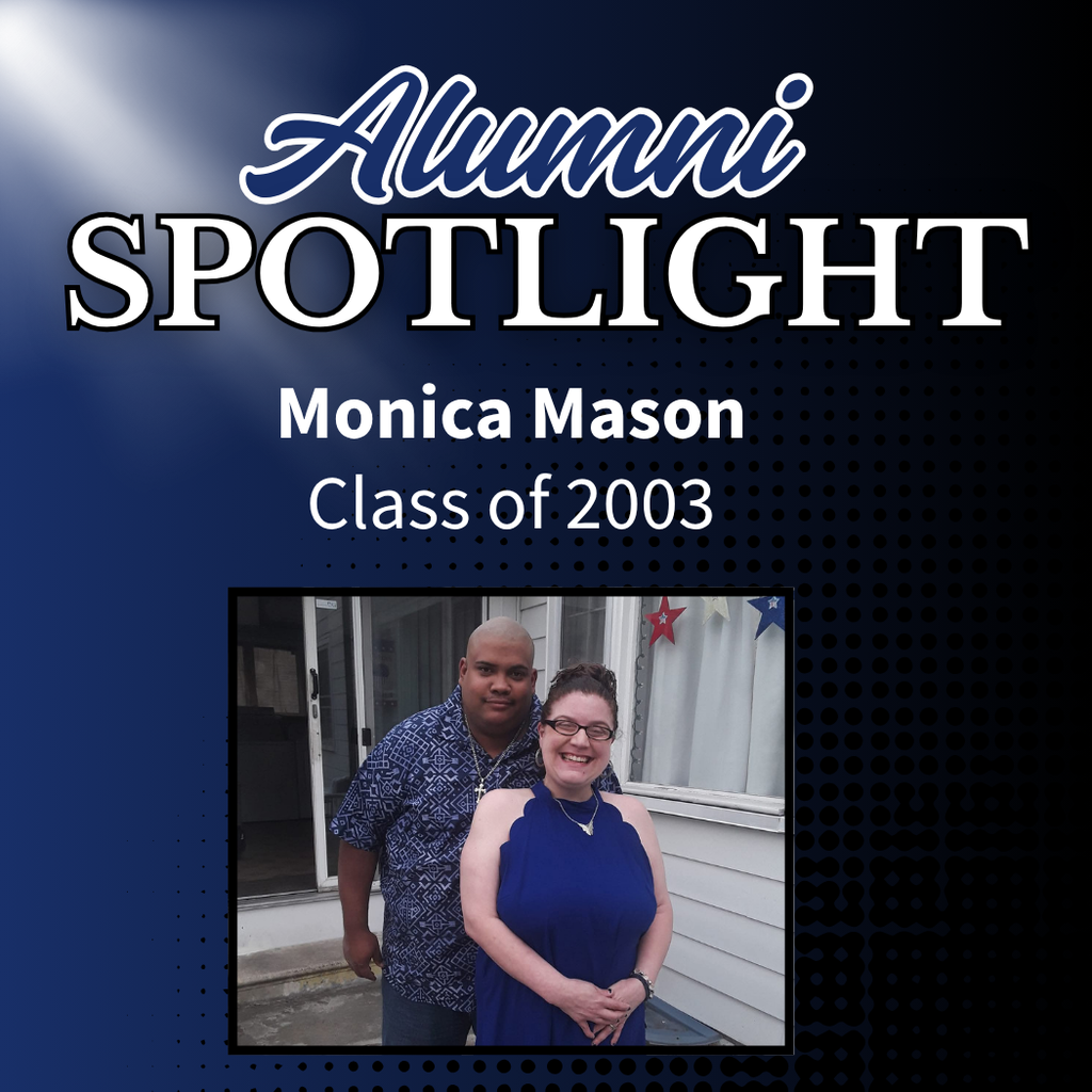 Graphic titled “Alumni Spotlight” highlighting Monica Mason, Class of 2003. Below the text is a photo of two adults standing outside a house. The woman in front is smiling and wearing glasses and a blue dress, while the man behind her rests a hand on her shoulder and wears a patterned shirt. Red, white, and blue star decorations hang in the window beside them.