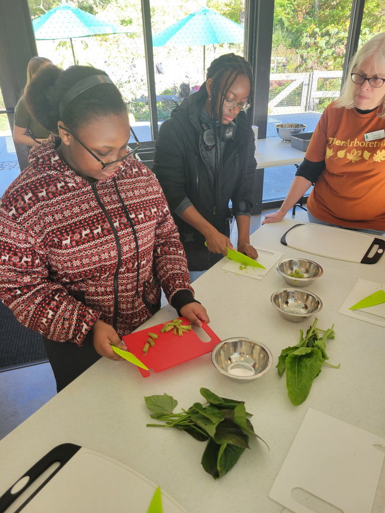 Two students stand at a table indoors preparing vegetables on cutting boards