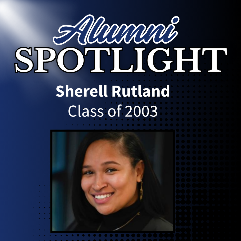 A graphic titled “Alumni Spotlight” features the name Sherell Rutland, Class of 2003. Below the text is a portrait of Sherell Rutland smiling at the camera. The design uses a blue and black gradient background with dotted accents.