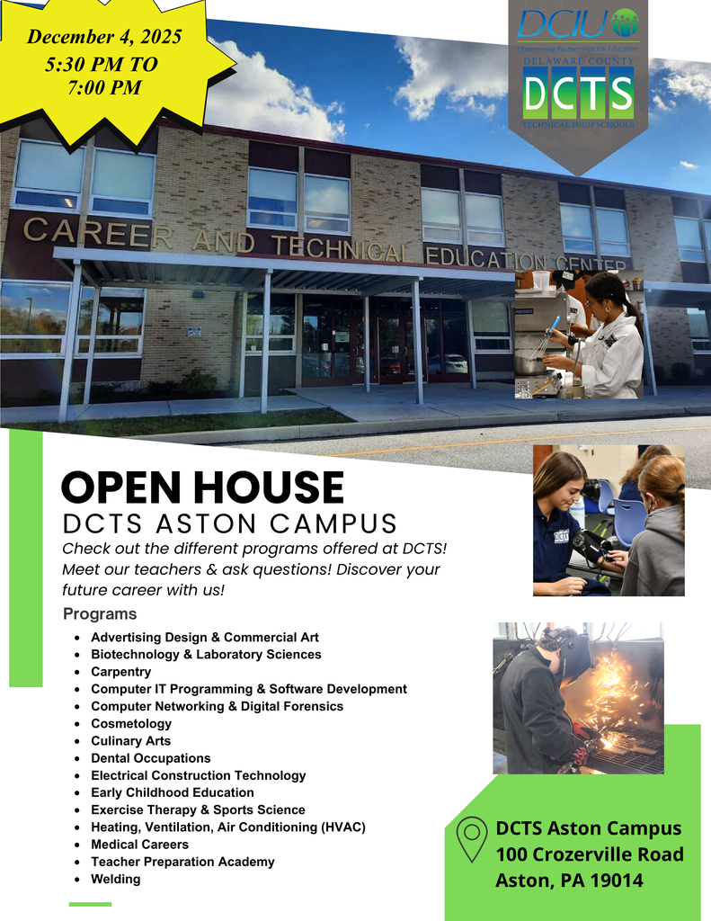 Open house flyer for DCTS Aston Campus on Dec. 4 at 5:30 pm
