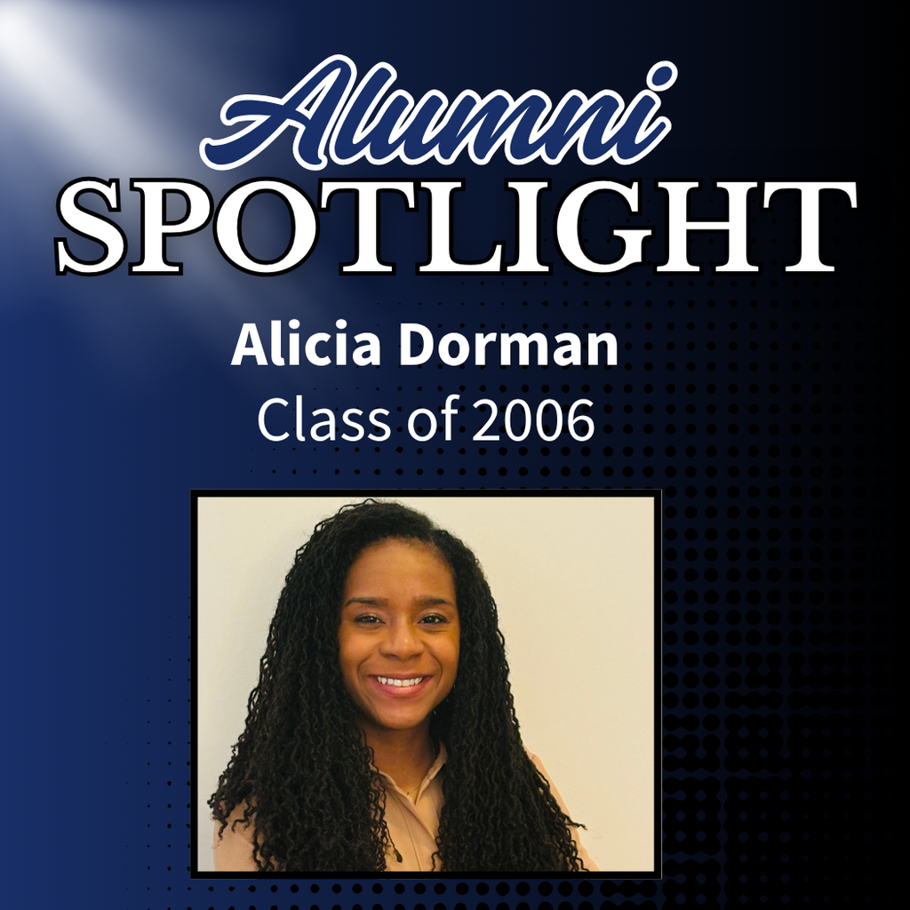 Graphic titled ‘Alumni Spotlight’ featuring Alicia Dorman, Class of 2006. Includes a portrait of Alicia Dorman smiling against a light background, framed below the text. Background is dark blue with a spotlight effect.