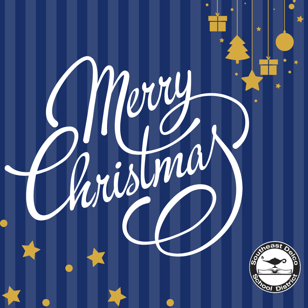 Blue and gold holiday graphic with hanging ornaments and gifts, featuring the message "Merry Christmas" and the Southeast Delco School District logo.