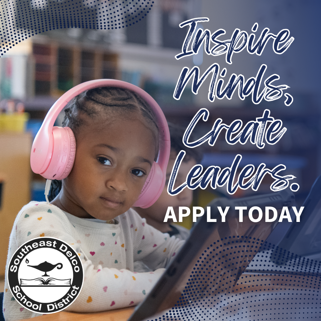 Young student wearing pink headphones focused on a tablet in a classroom setting with a call to apply to Southeast Delco School District.
