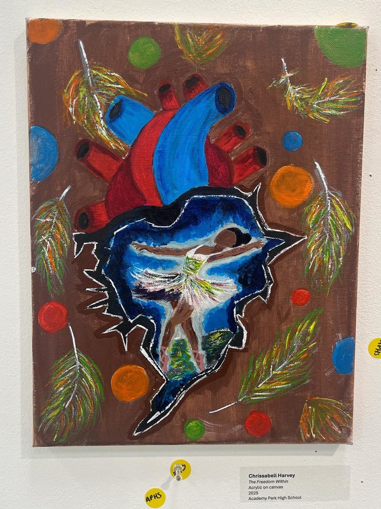Acrylic painting of an anatomical heart with a jagged tear revealing a ballerina dancing in nature, surrounded by feathers and colorful circles on a brown background.