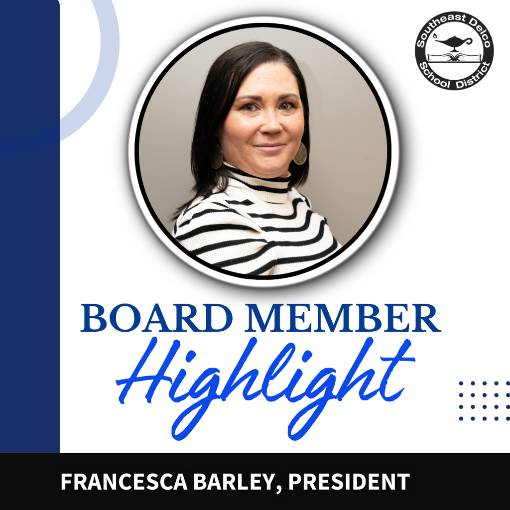 Professional portrait of Francesca Barley, President, featured in a Board Member Highlight graphic with a blue and black design.