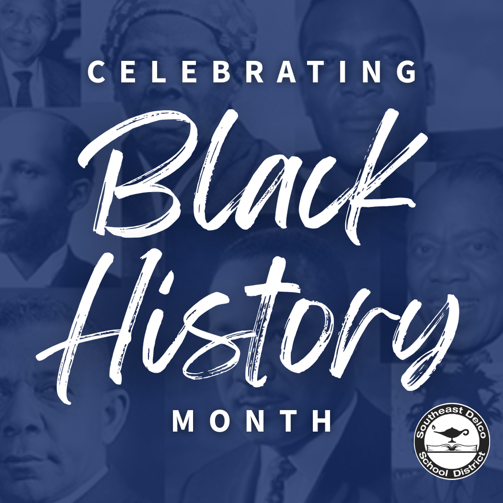 Collage of blurred portraits with bold white text celebrating Black History Month in the center.