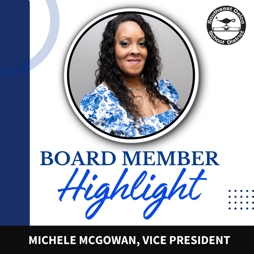 Professional portrait of Michele McGowan, Vice President, featured in a Board Member Highlight graphic with a blue and white design.