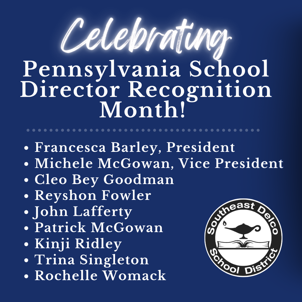 Pennsylvania School Director Recognition Month announcement featuring nine named directors and district emblem on blue background.
