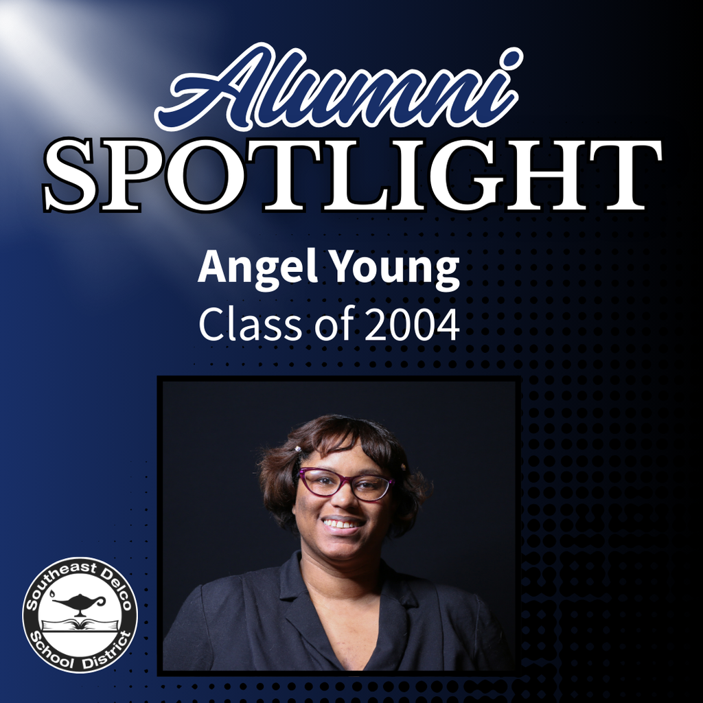 Portrait of Angel Young, Class of 2004, highlighted in Southeast Delco Alumni Spotlight with a quote about her impactful experience in the vice principal's office.