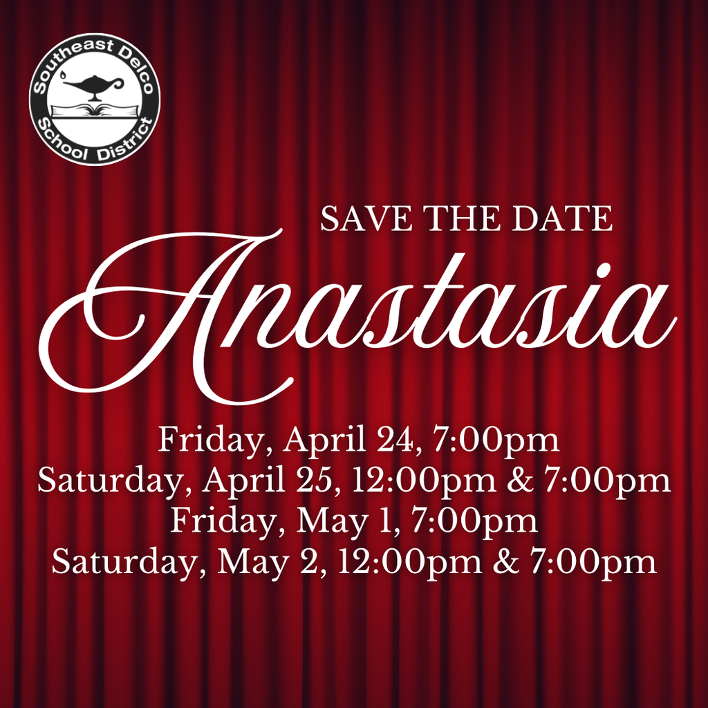 Save the date announcement for the musical Anastasia with showtimes on April 24, 25 and May 1, 2 against a red curtain background.