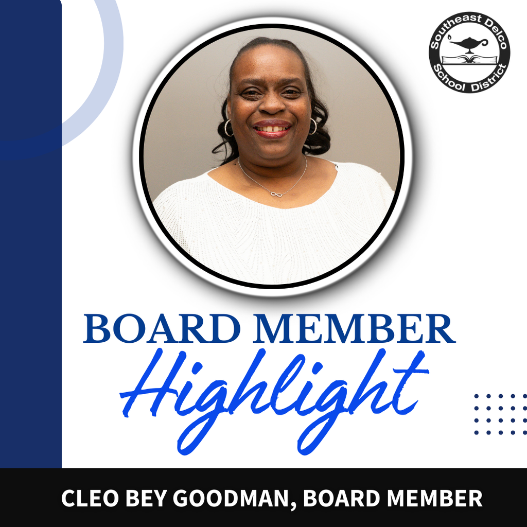 Board member Cleo Bey Goodman spotlighted in a circular frame with a clean, modern design and blue accents.