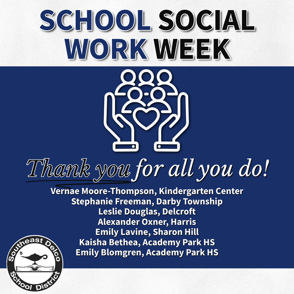 Thank you message for school social workers with names listed, alongside an icon of hands supporting people and a heart.