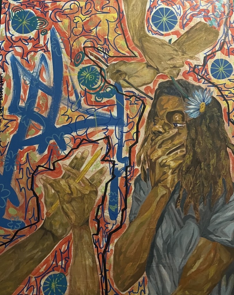 Colorful mural featuring a person with dreadlocks and a flower in their hair covering their mouth, surrounded by expressive hands and abstract shapes.