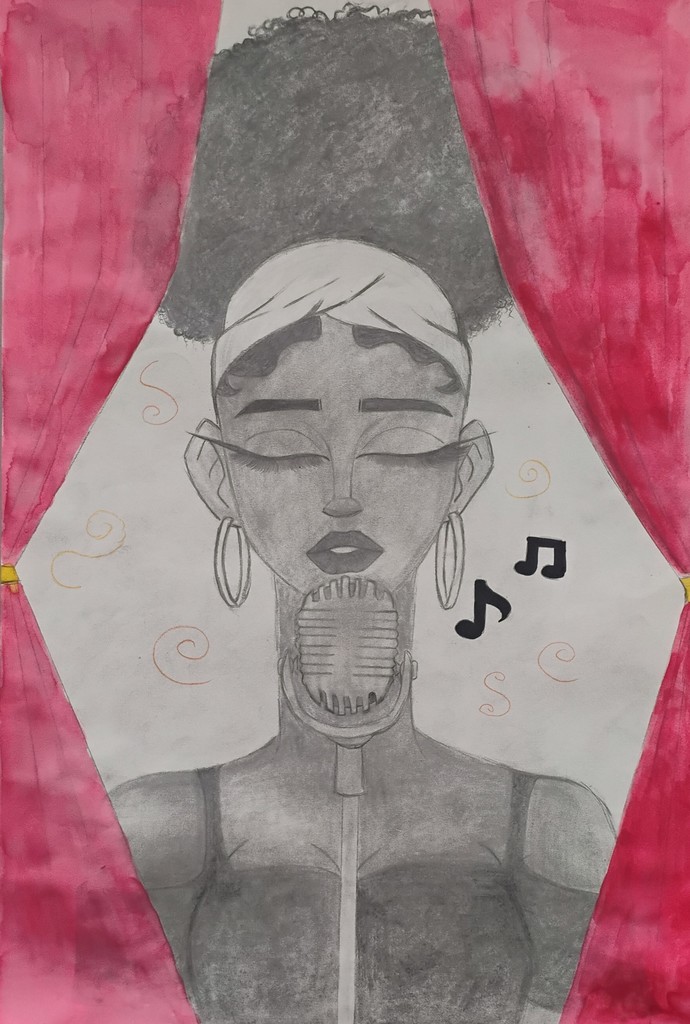 Black and white sketch of a person singing into a vintage microphone framed by red stage curtains.