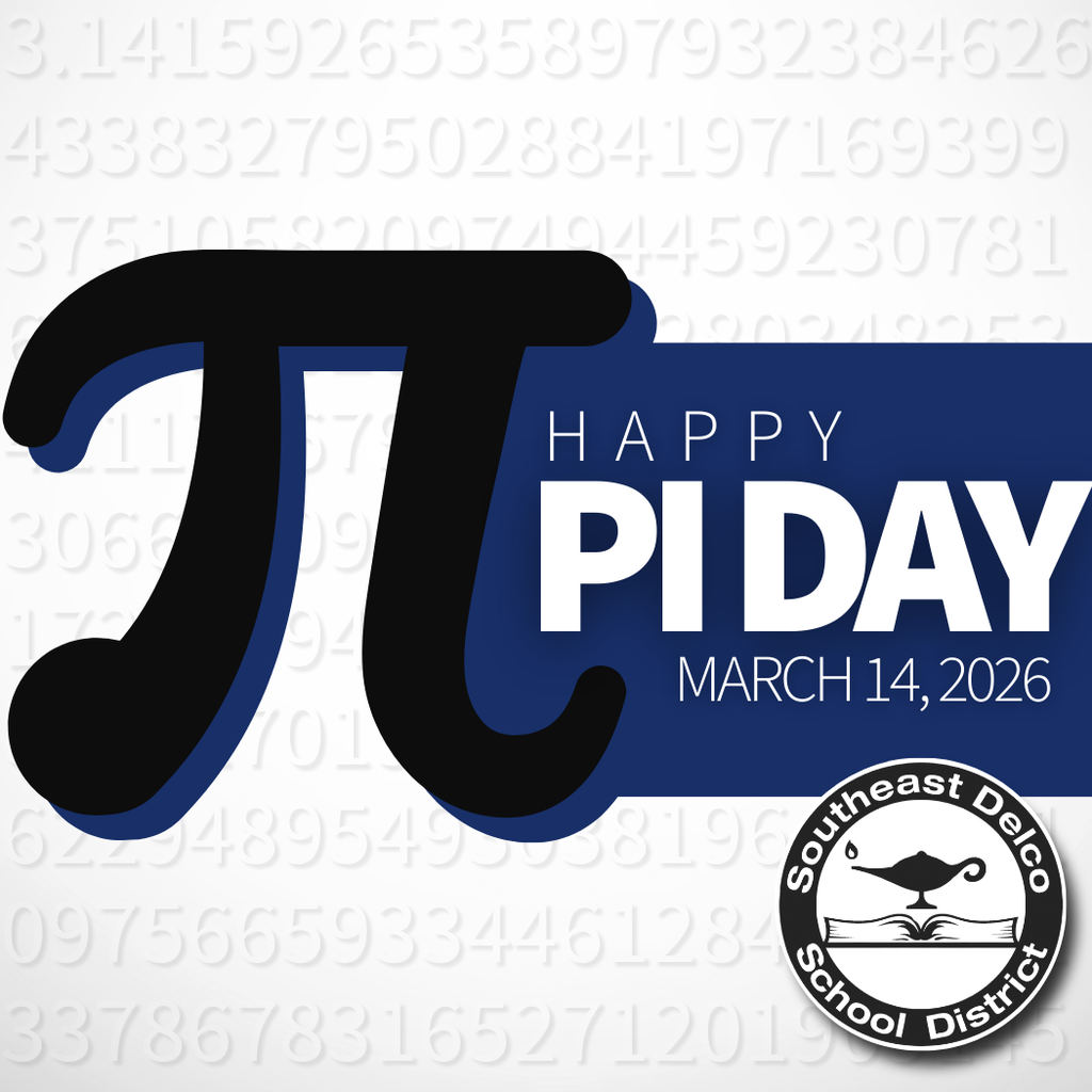Bold black pi symbol with 'Happy Pi Day March 14, 2026' in white on a blue background and faint digits of pi behind.